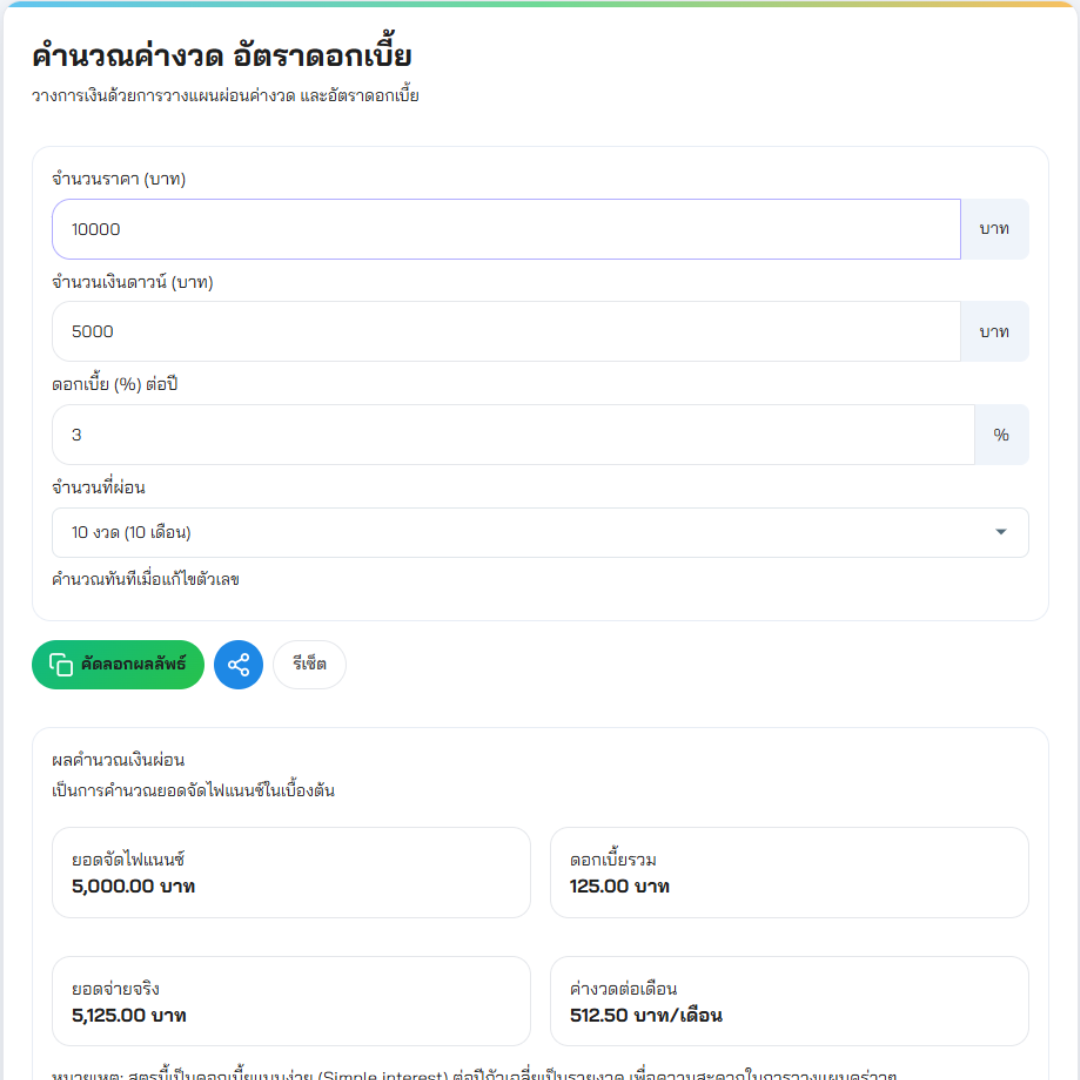 คำนวณค่างวด อัตราดอกเบี้ย